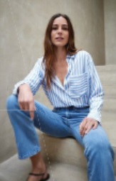 From left : AYR Plunge Pool button-down in blue and white stripe Ecosilk and The Pop jeans in Snap Crackle, ayr.com;