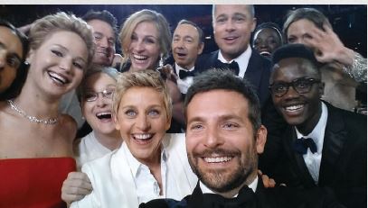 Celebrity selfie taken at the 86th annual Academy Awards. PHOTO BY: ELLEN DEGENERES/GETTY IMAGES