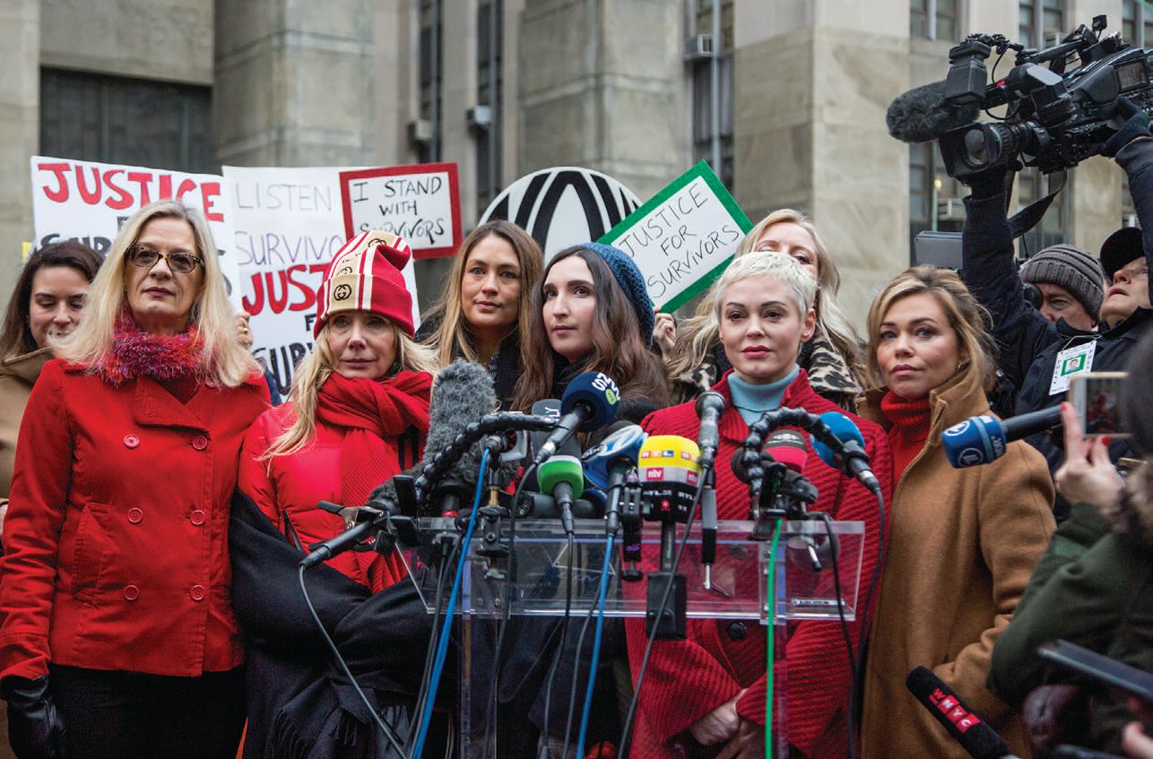 Victims and supporters Louise Godbold, Rosanna Arquette, Sarah Ann Masse, Rose McGowan and Lauren Sivan speak with the media at Harvey Weinstein’s trial at the Manhattan courthouse Jan. 6, 2020 PHOTO BY: PABLO MONSALVE/VIEWPRESS VIA GETTY IMAGES