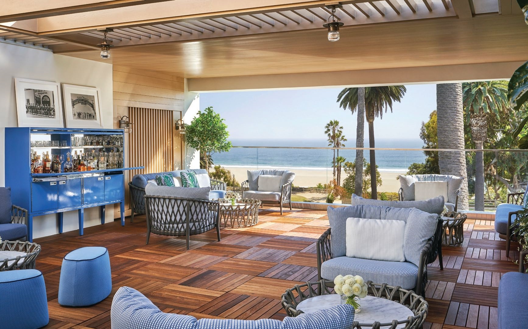 An airy atrium—for yoga classes, cocktails and more—overlooks the Pacific and Palisades Park. PHOTO COURTESY OF OCEANA HOTEL