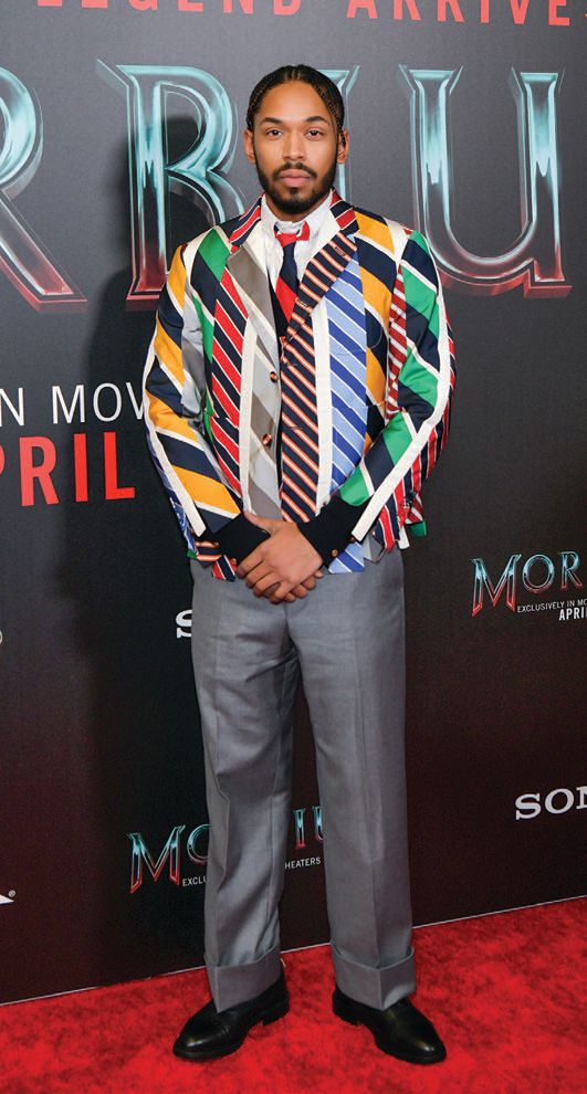 Kelvin Harrison Jr. rocked a multicolored Thom Browne look to the Morbius screening PHOTO BY RODIN ECKENROTH/FILMMAGIC