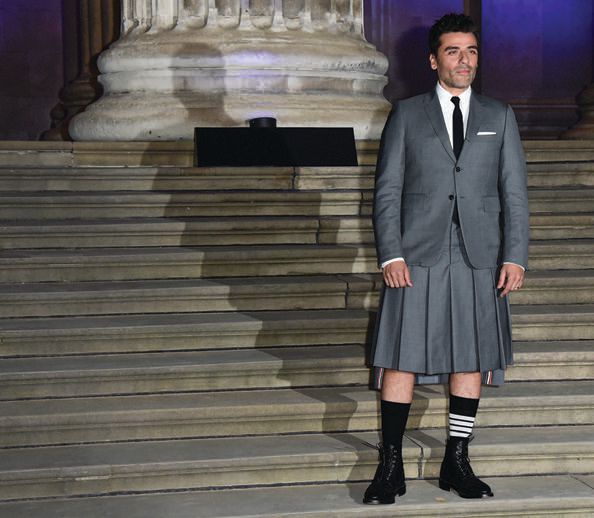 Oscar Isaac donned a Thom Browne skirt suit for the London Moon Knight premiere. PHOTO COURTESY OF THOM BROWNE