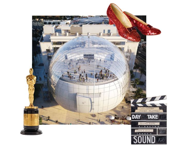 Dorothy’s ruby slippers—designed by Gilbert Adrian—from The Wizard of Oz (1939); a clapperboard for Gentlemen Prefer Blondes (1953); the Oscar statuette presented to Charles Rosher for cinematography of Sunrise (1927); an exterior rendering of the Academy Museum of Motion Pictures, designed by Renzo Piano. COLLECTION PHOTOS BY JOSHUA WHITE, JWPICTURES/©ACADEMY MUSEUM FOUNDATION; EXTERIOR RENDERING ©RENZO PIANO BUILDING WORKSHOP/©ACADEMY MUSEUM FOUNDATION/IMAGE FROM L’AUTRE IMAGE